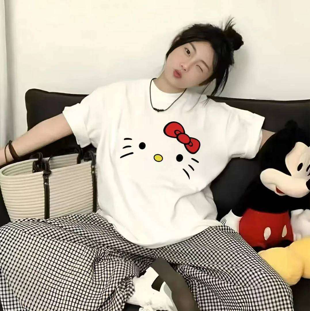 【现货-重磅刺绣】kitty猫百搭宽松甜美韩系刺绣夏季纯棉短袖T恤女