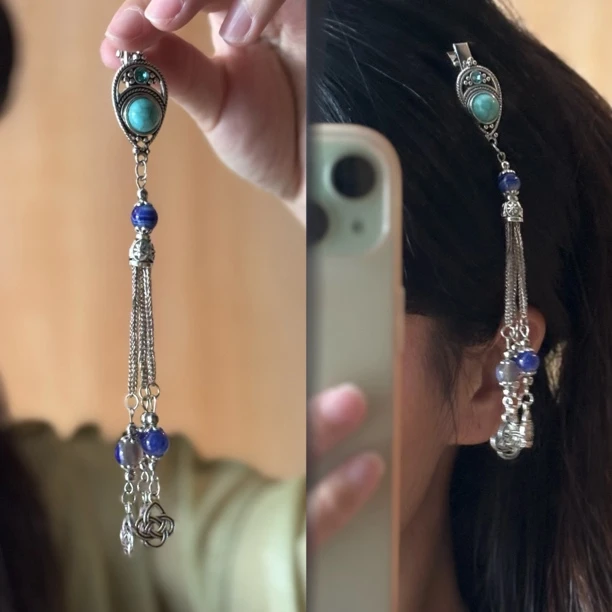 【松石银缕】复古银色长款流苏发夹藏风民族风发饰古风头饰