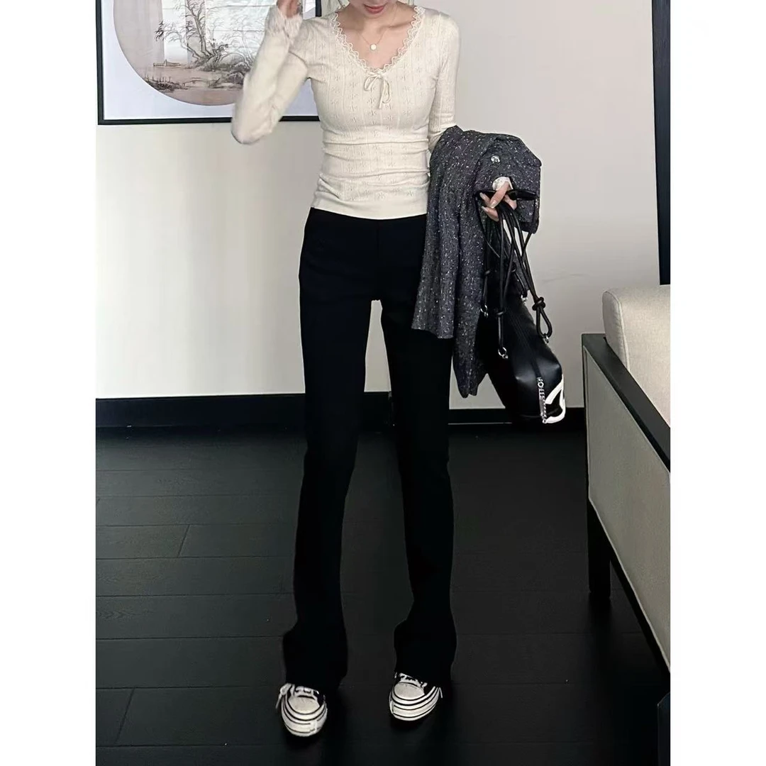 【腿精马蹄裤】 加长修身巨显瘦黑四面弹拖地马蹄裤25133