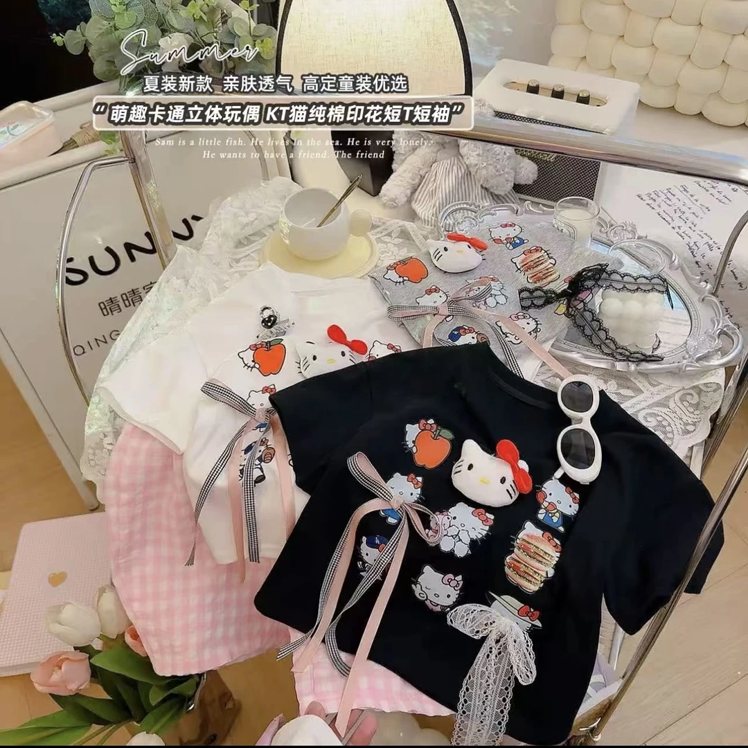 女童圆领纯棉黑色短袖T恤2025春秋新款童装中大童儿童修身上衣