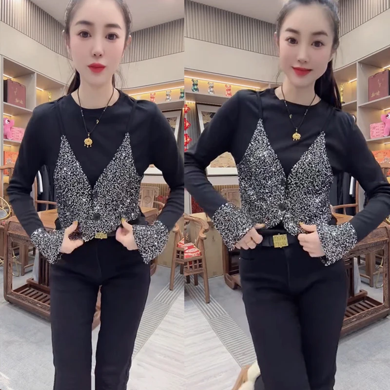 网红爆款时尚减龄修身显瘦印花圆领假两件气质休闲简约通勤T恤潮