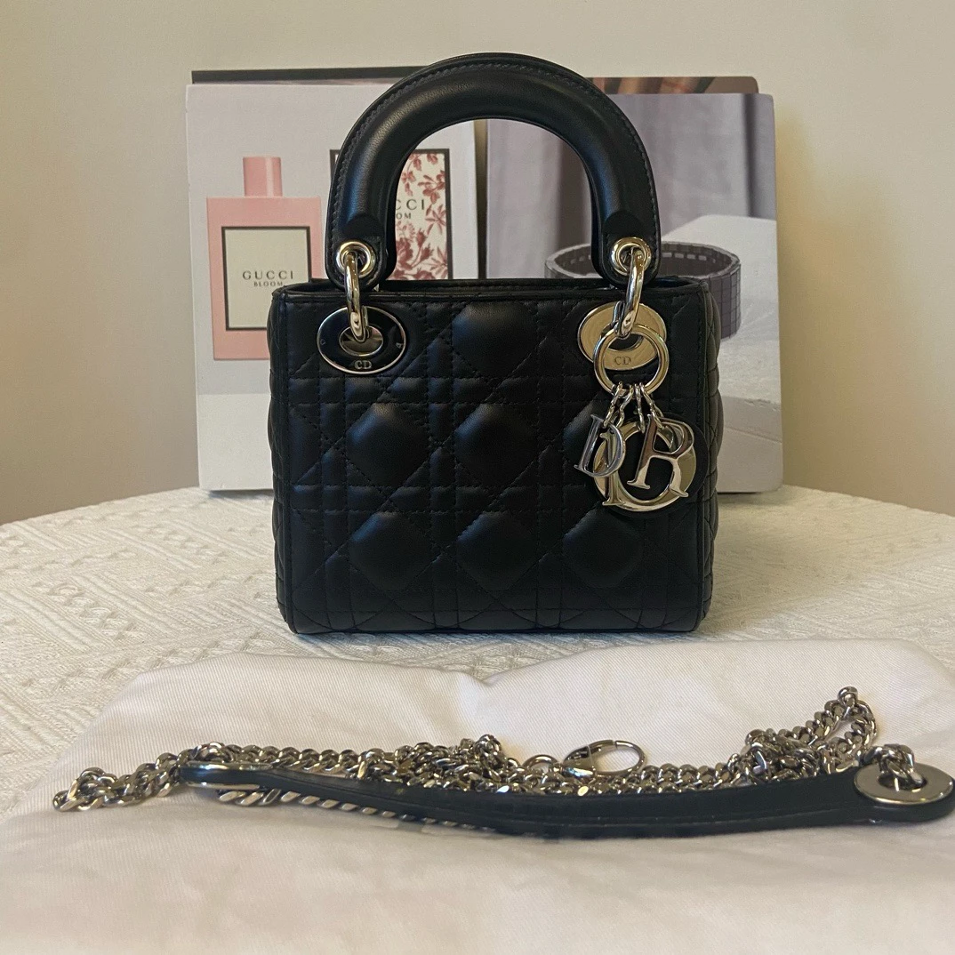 99新 DIOR/迪奥 黑银三格戴妃 手提斜挎包19编码