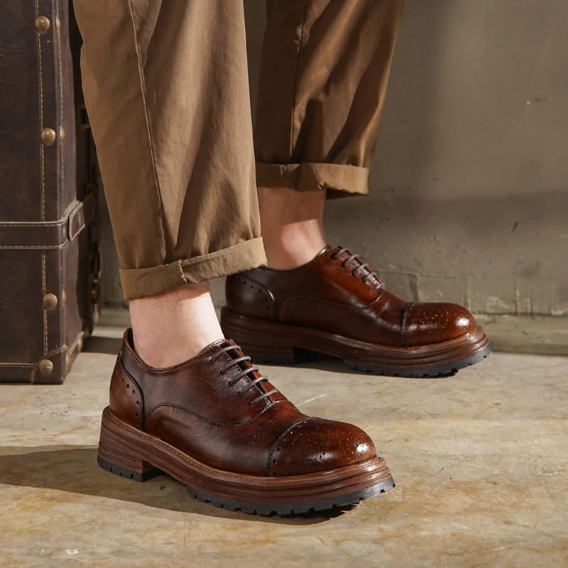 美式复古风手工布洛克雕花男士皮鞋英伦真皮男鞋休闲厚底德比鞋潮
