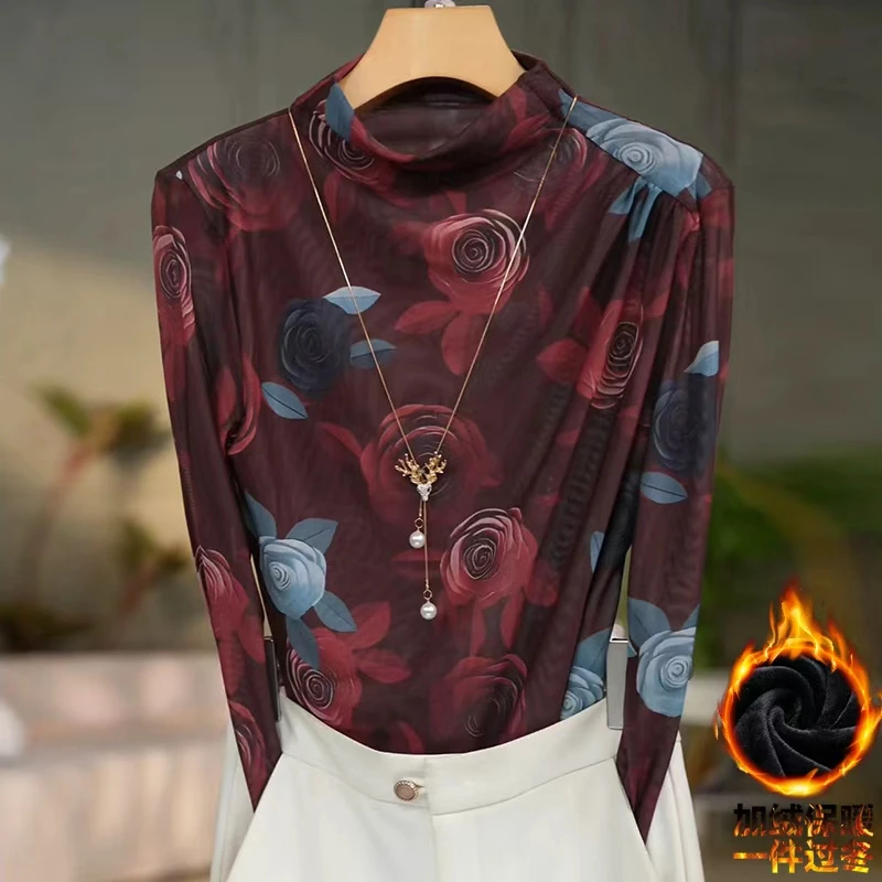 639#中国风常规半高领长袖打底衫蕾丝百搭气质连体上衣