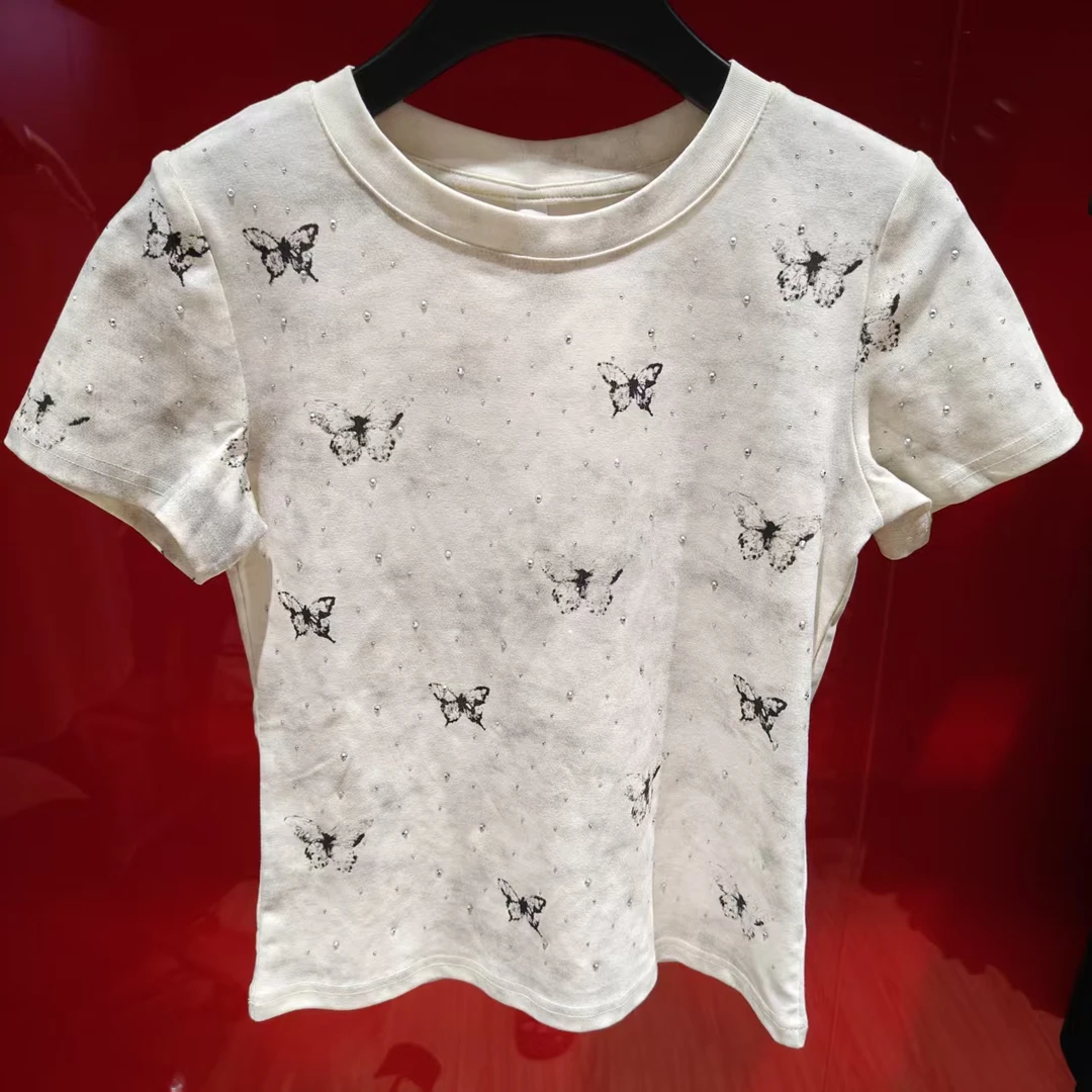 编号185 夏季新款蝴蝶钉珠T恤女同款圆领时尚短袖DP6606