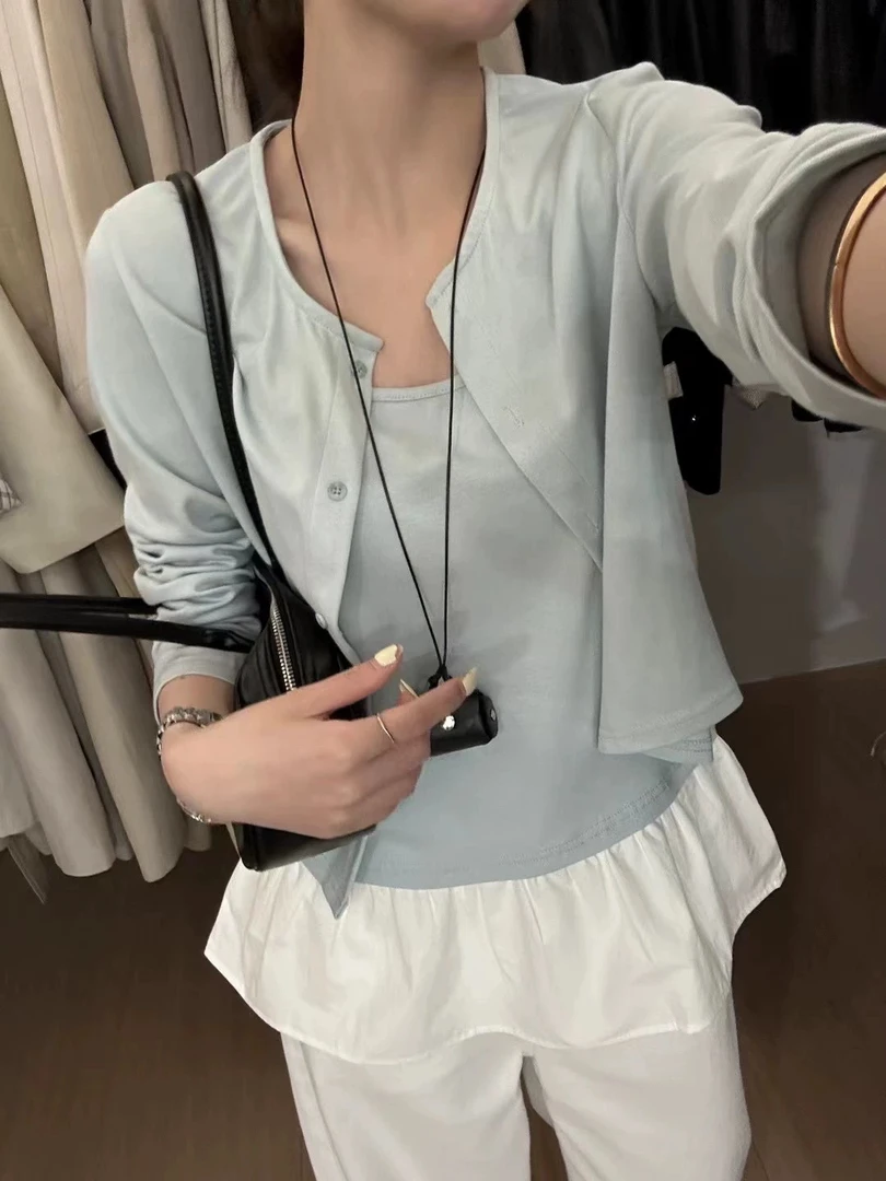 （收）新款大码9999荷叶裙摆吊带背心长袖开衫时尚百搭两件套