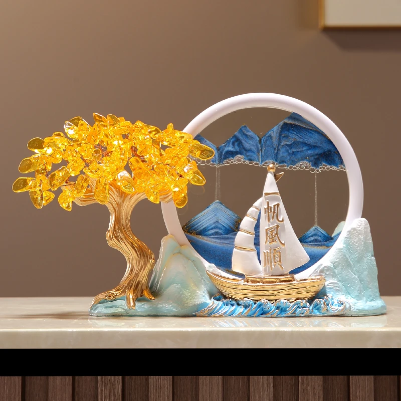 新中式一帆风顺流沙画摆件客厅电视柜玄关办公室装饰乔迁开业礼品