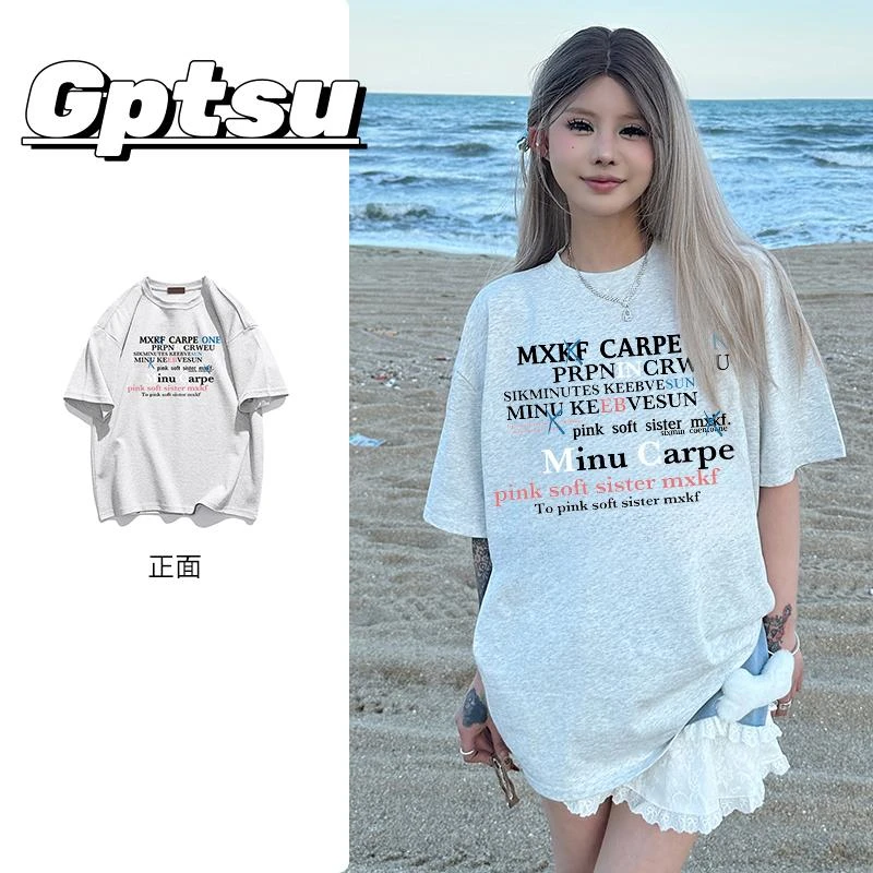 GPTSu美式街头风印花短袖洋气休闲装上衣小众复古字母宽松圆领恤
