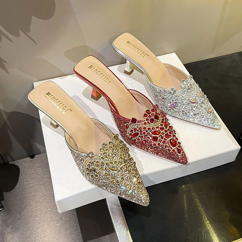 2025年夏新款网红水钻半拖鞋包头凉拖鞋高跟拖鞋女外穿时尚尖头