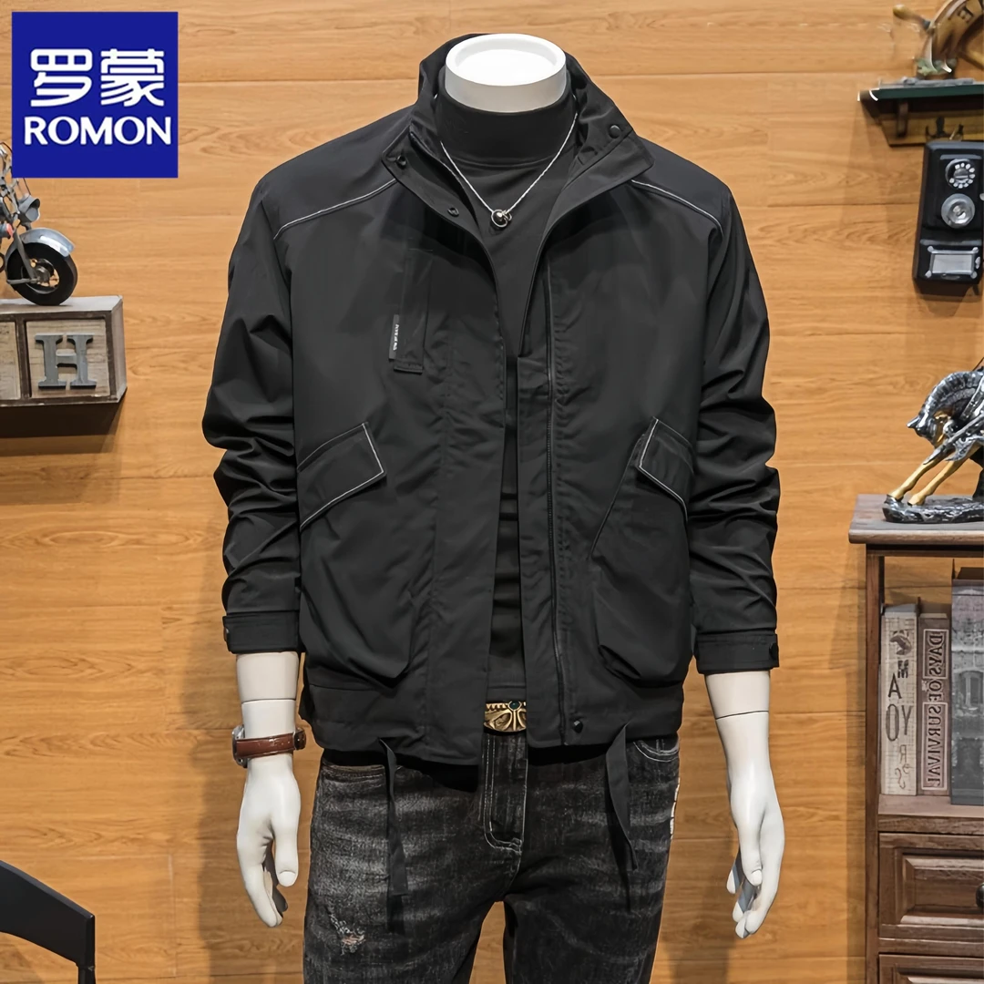 罗蒙春秋季外套男士潮流简约帅气立领上衣潮牌修身百搭工装夹克男