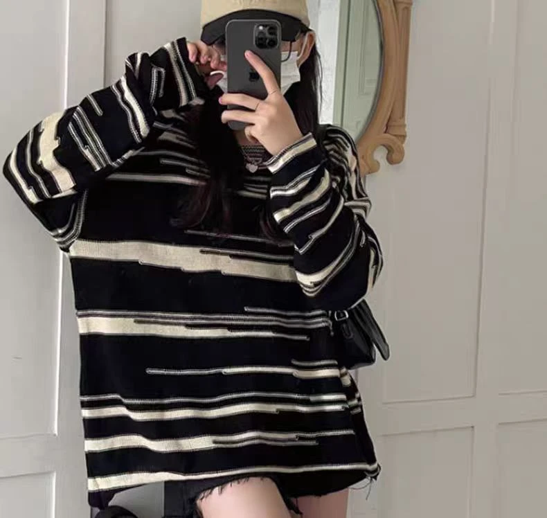 撞色条纹毛衣女春秋新款宽松中长款慵懒风上衣