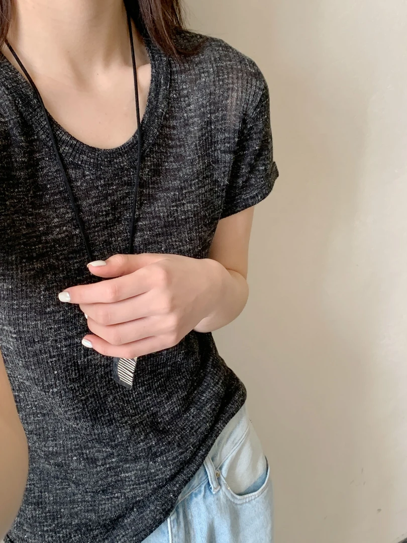 【DUODUO 689950】新款夏季亚麻女圆领打底松弛感显瘦针织衫