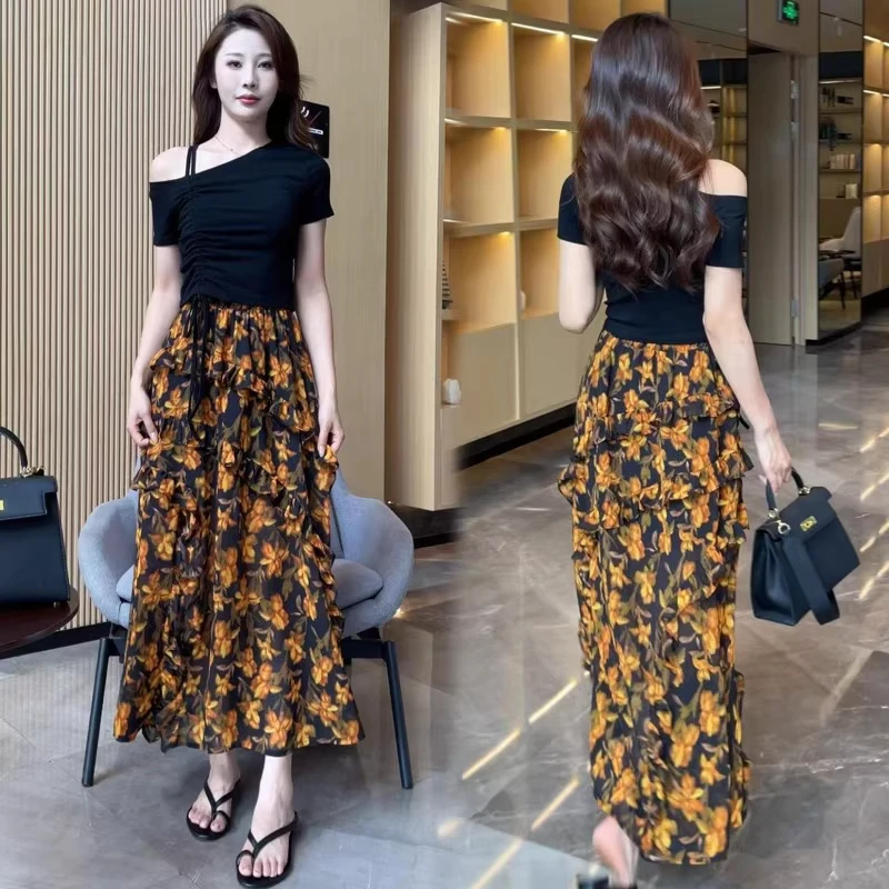 时尚套装裙女2025夏季新款收腰露肩短袖T恤上衣碎花半身裙两件套