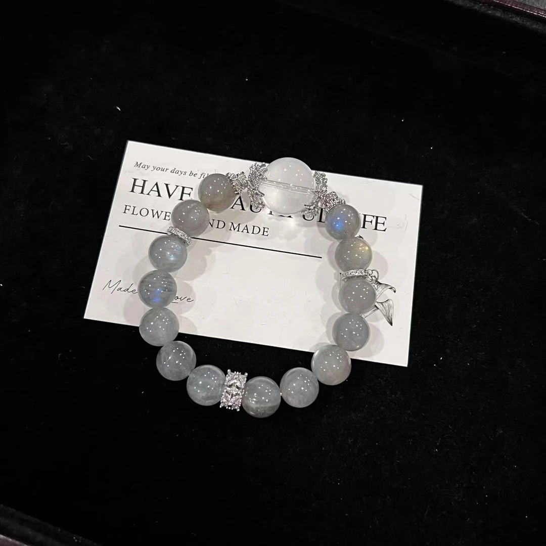 D439 14mm灰月光+顶珠大颗粒奶白晶设计款手串 多样性发一