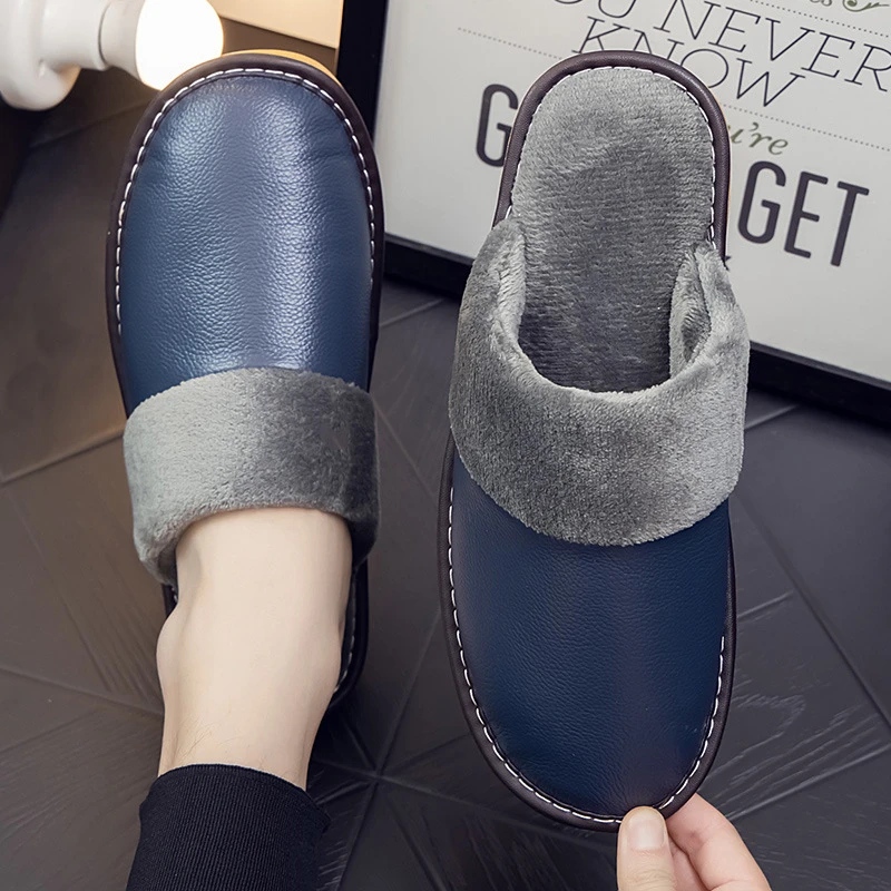 牛皮秋冬季棉拖鞋男女居家用厚底室内防滑真皮面防水冬天地板防水