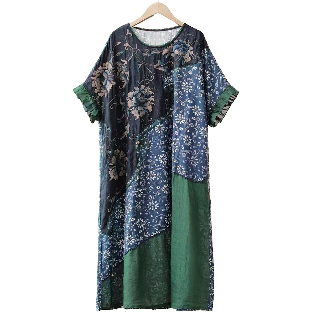 刺绣文艺复古设计师原创民族风拼接亚麻青花宽松短袖袍子连衣裙夏