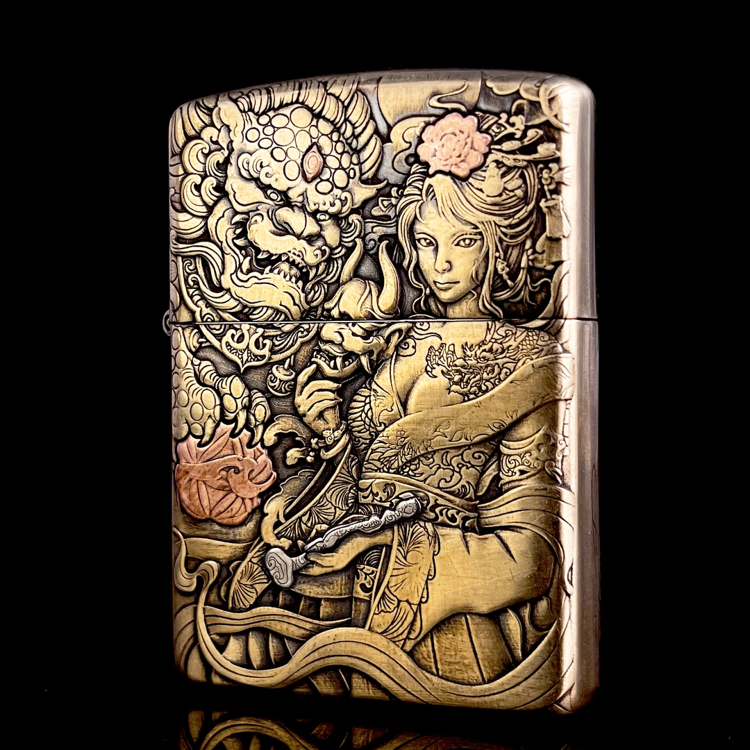 ZIPPO打火机正品/唐狮锦鲤女郎-黄铜双面浮雕镶嵌【凯亚】DYJ1