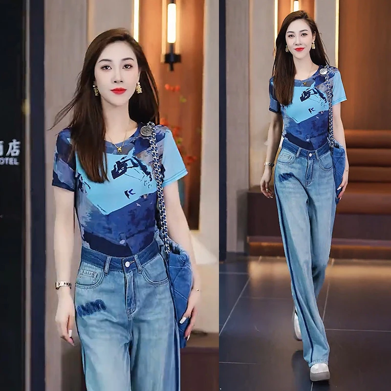 时尚套装女2025夏季新款洋气撞色T恤上衣+牛仔阔腿裤两件套潮