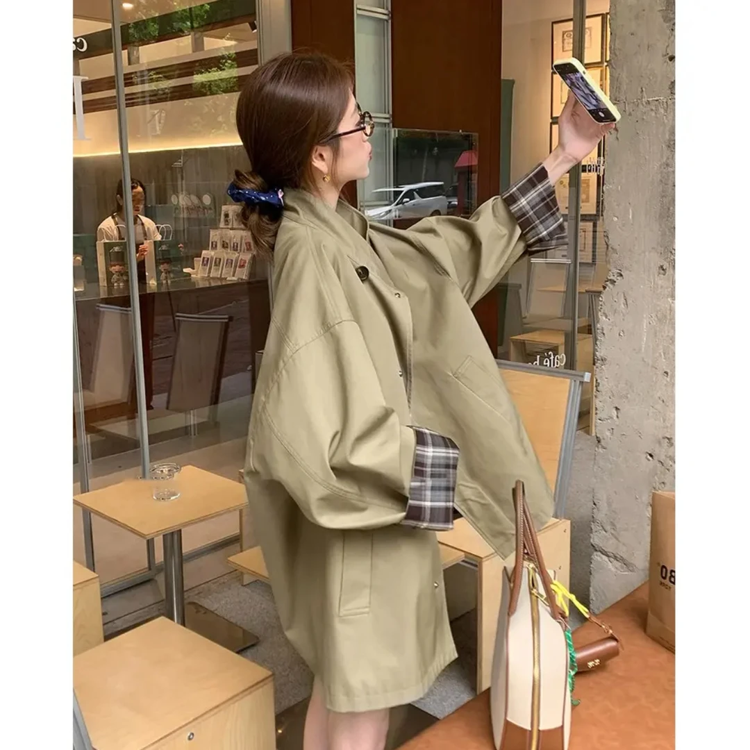 Liixu高级感撞色短款风衣外套宽松廓形英伦风日系大衣