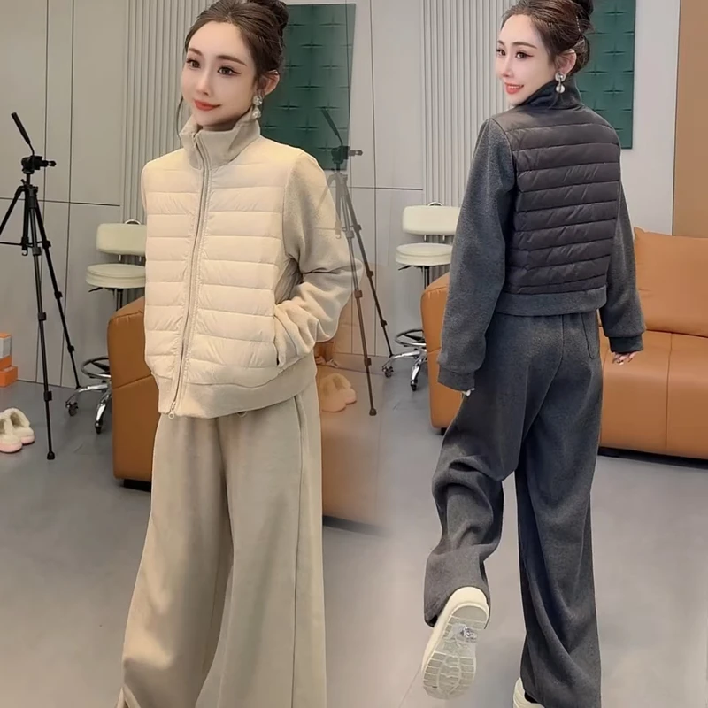 2025韩版拼接袖洋气减龄立领排骨棉服外套高腰松紧腰卫裤两件套女