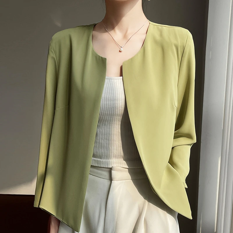 新中式缎面无扣小西装短外套圆领气质上衣女薄款长袖纯色百搭开衫