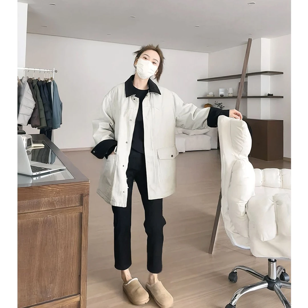 撞色复古翻领风衣外套女2025年春季新款设计感休闲中长款大衣ins