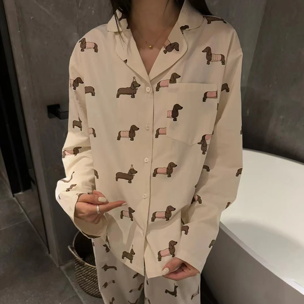 【粉衫小犬】春秋长袖粉衫腊肠狗狗云朵绵睡衣卡通少女套装家居服