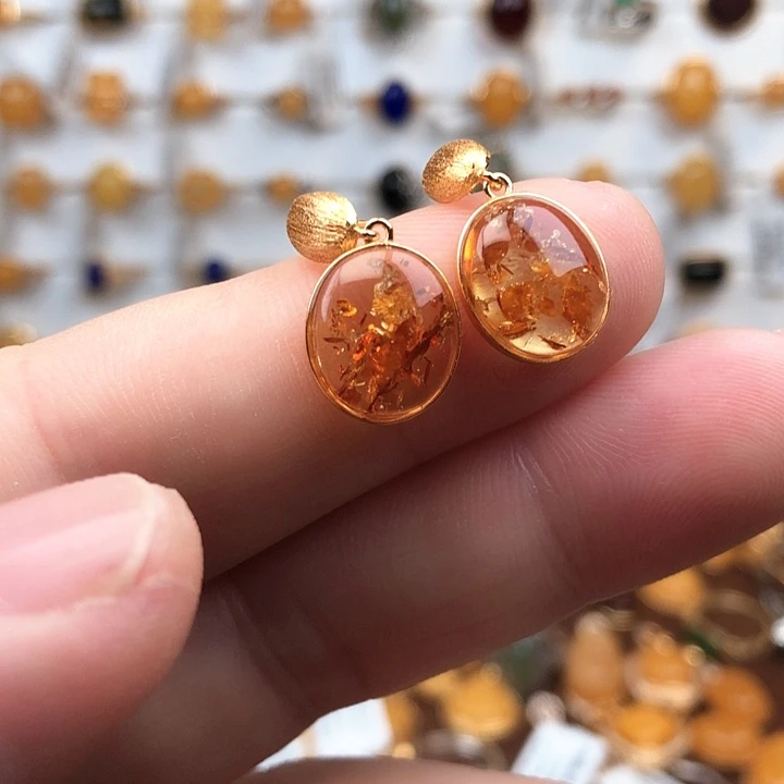 琥珀（花珀）银S925镀金镶嵌耳坠