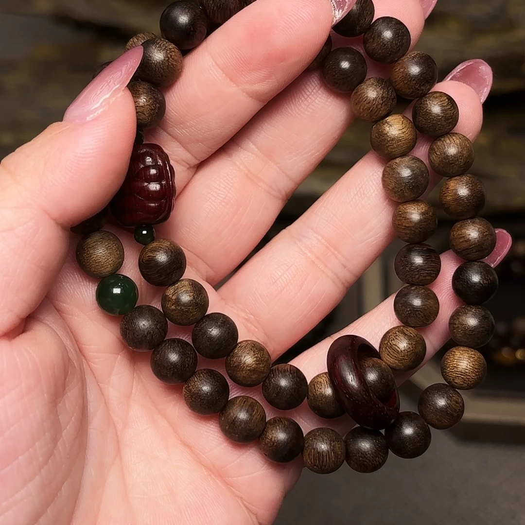 手串沉香越南芽庄绿棋楠瘤疤08➕紫檀木雕设计