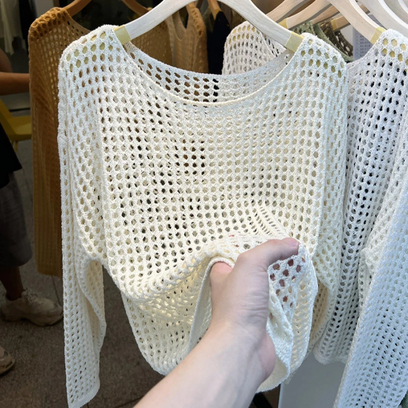 KANING欧货长袖镂空针织网衫女2025夏秋新款网眼罩衫新款上衣网纱