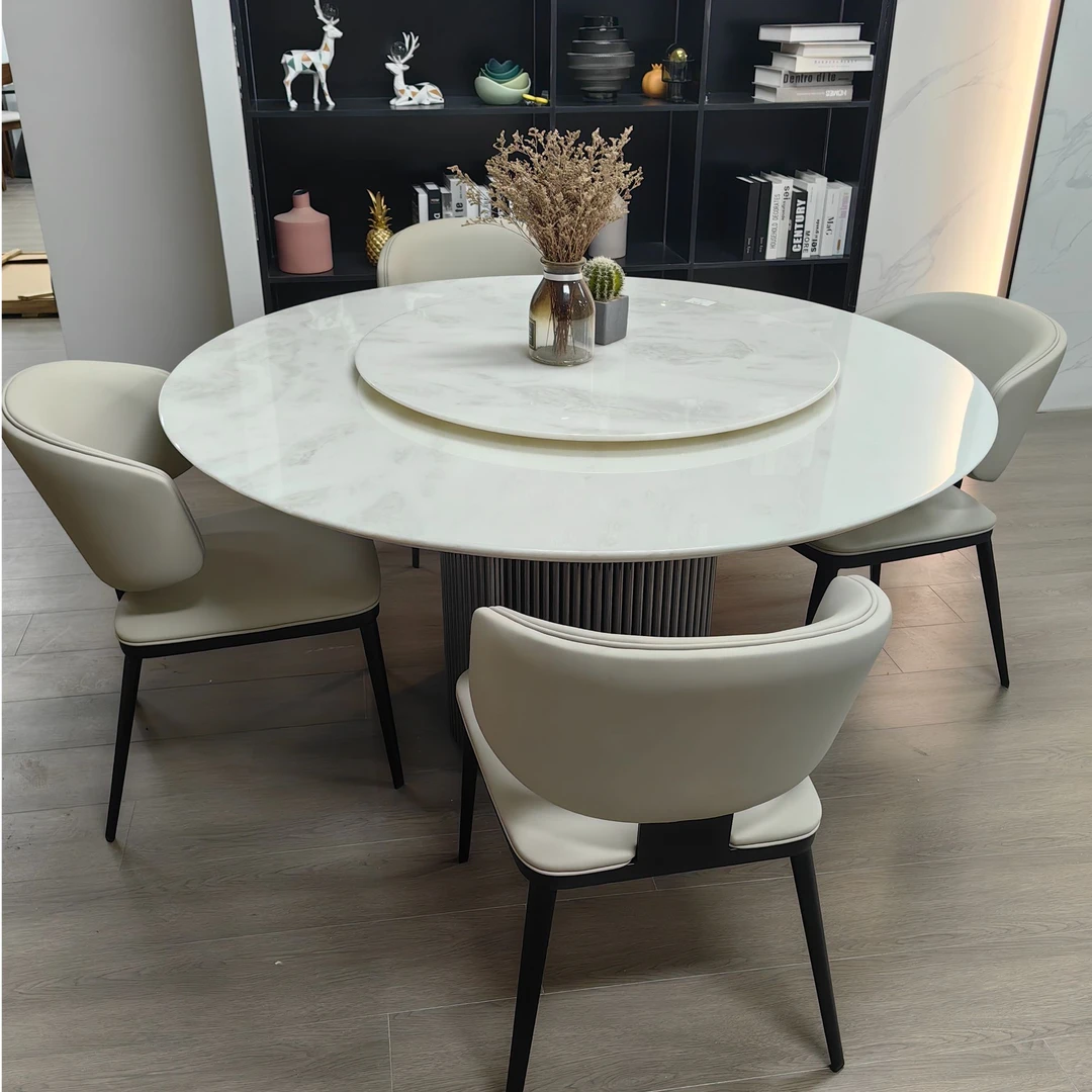 新芬迪白奢石圆形餐桌家用现代轻奢天然大理石圆桌带转盘高档餐台