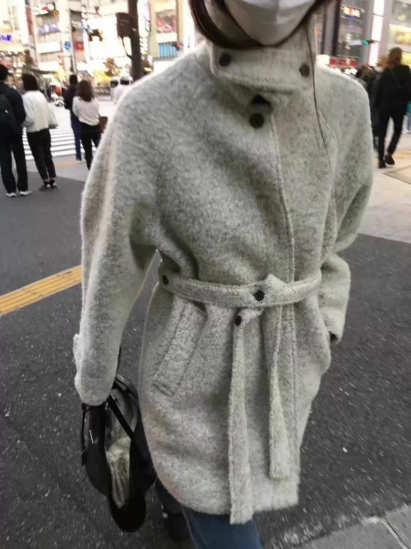 londonflat韩国东大门秋冬款翻领毛圈宽松腰带大衣外套