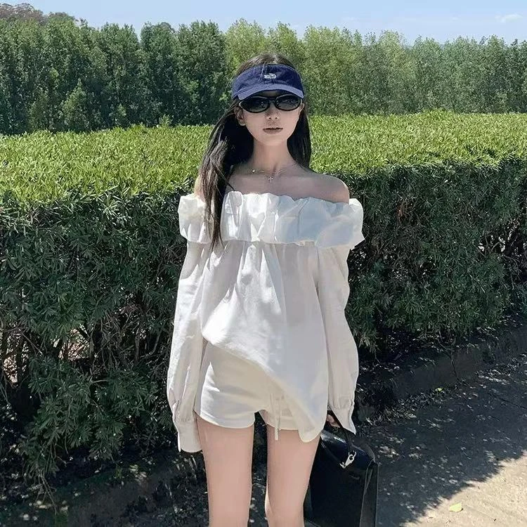 云朵花苞领蓬蓬一字肩法式衬衫 宽松长款/收腰短款