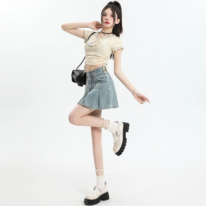 8311#夏季百搭高腰牛仔百褶裙新款女梨形身材修饰腿型防走光短裙