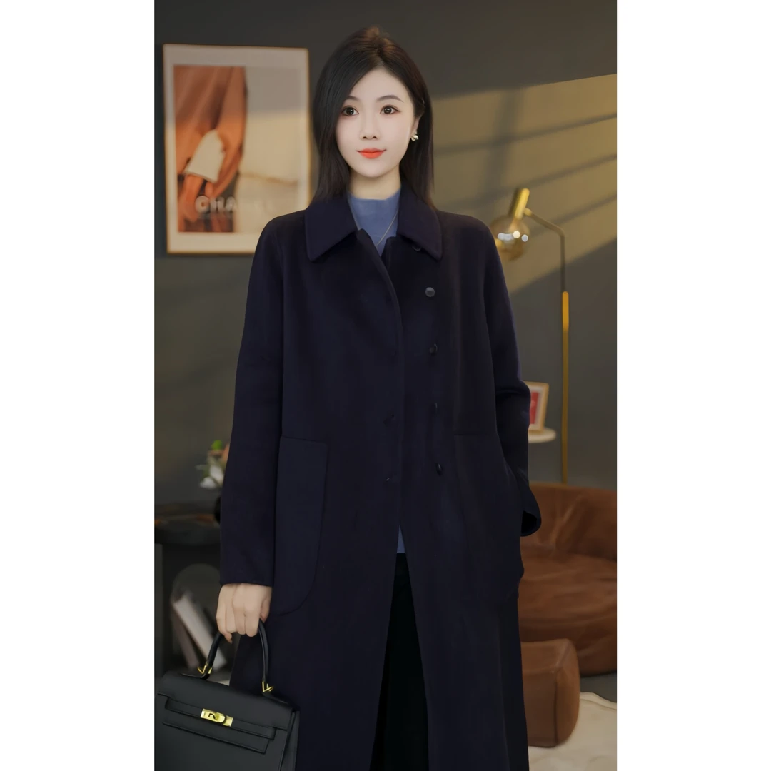 【小北甄选】8584063深墨蓝双面羊毛大衣高端时尚百搭外套羊绒外套