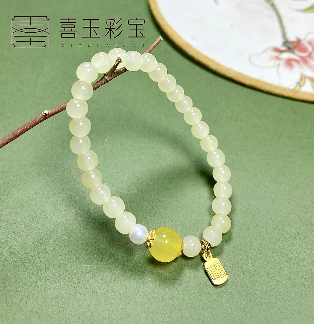 合金琉璃手链 琉璃卡6mm蜂蜜水色单圈小福牌手串  1692