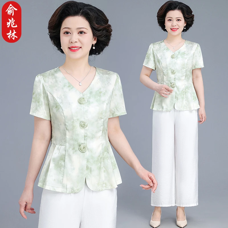 俞兆林中年妈妈夏装套装时尚气质小衫中老年女夏季短袖上衣两件套