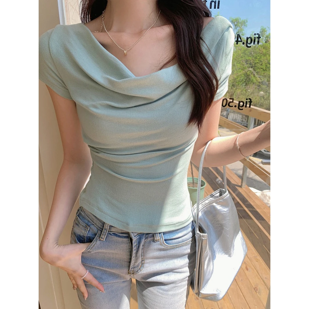 韩系chic时尚轻熟风荡领短袖t恤女夏季气质高级感纯欲显瘦上衣潮