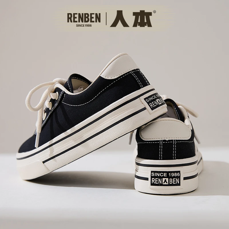 人本2025秋季新款低帮帆布鞋百搭复古休闲板鞋子女韩版休闲厚底鞋