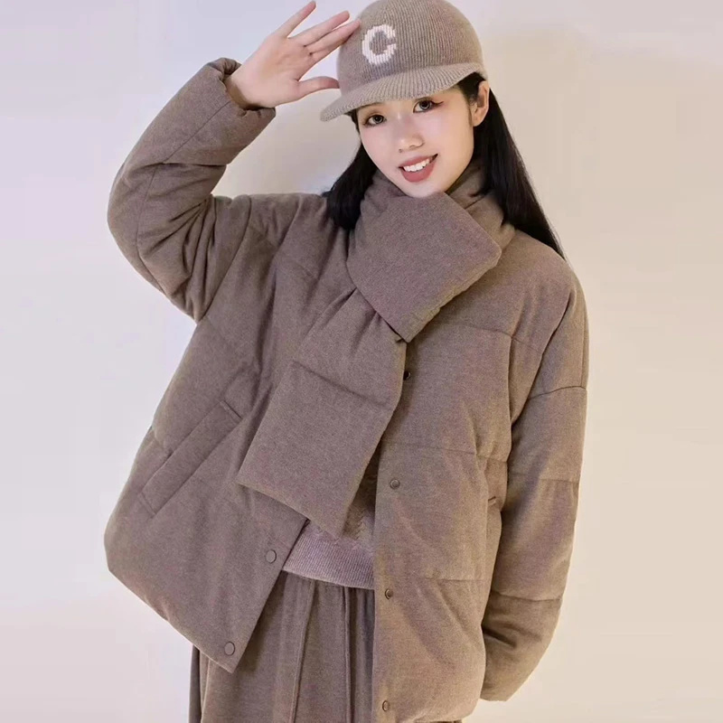 小禾2025秋冬新款羊毛牦牛绒混纺HUG羽绒服女外套配围脖