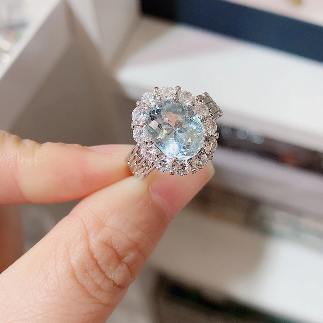 银S925镶嵌戒圈海蓝宝石