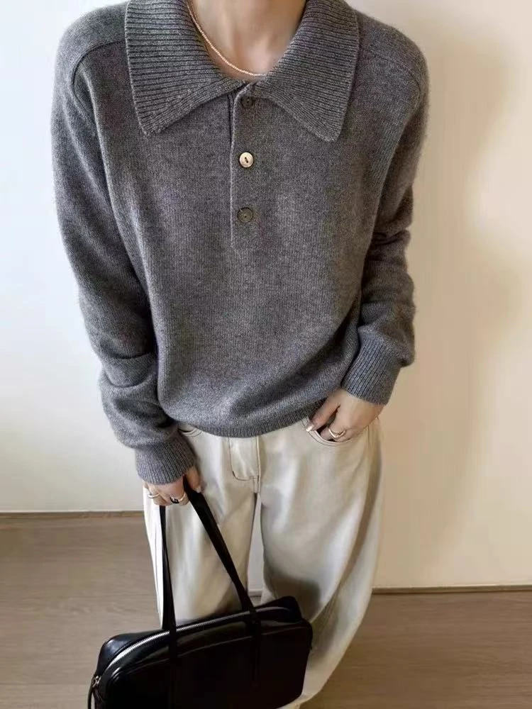 秋冬100%纯羊毛衫女Polo领纯色套头打底毛衣宽松气质针织衫DJ2520