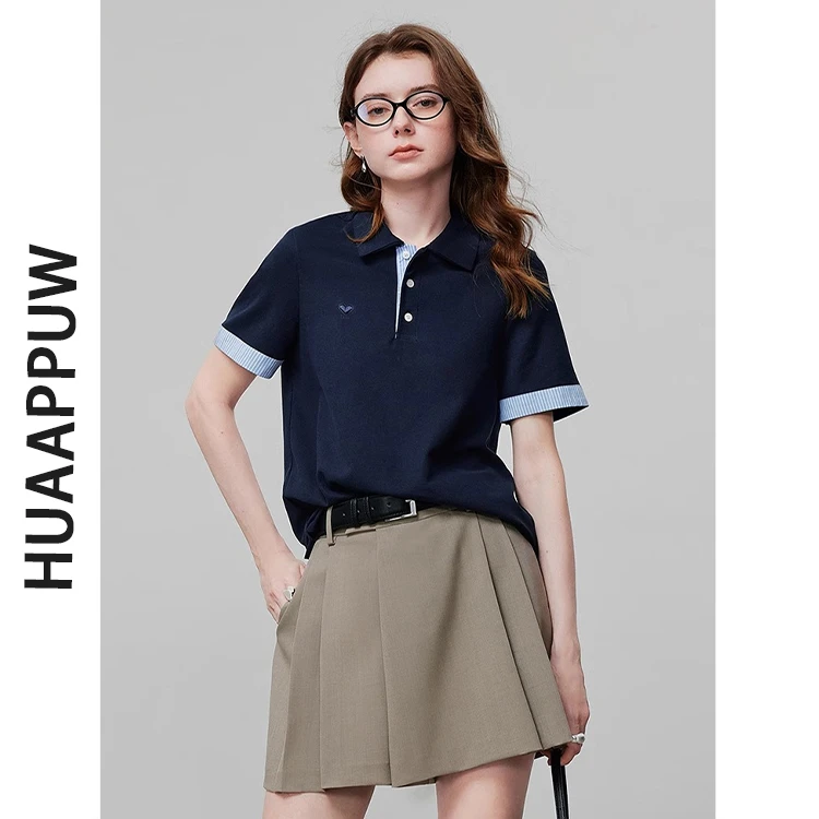 画朴法式复古时尚polo领短袖女2025夏季新款撞色正肩通勤百搭上衣