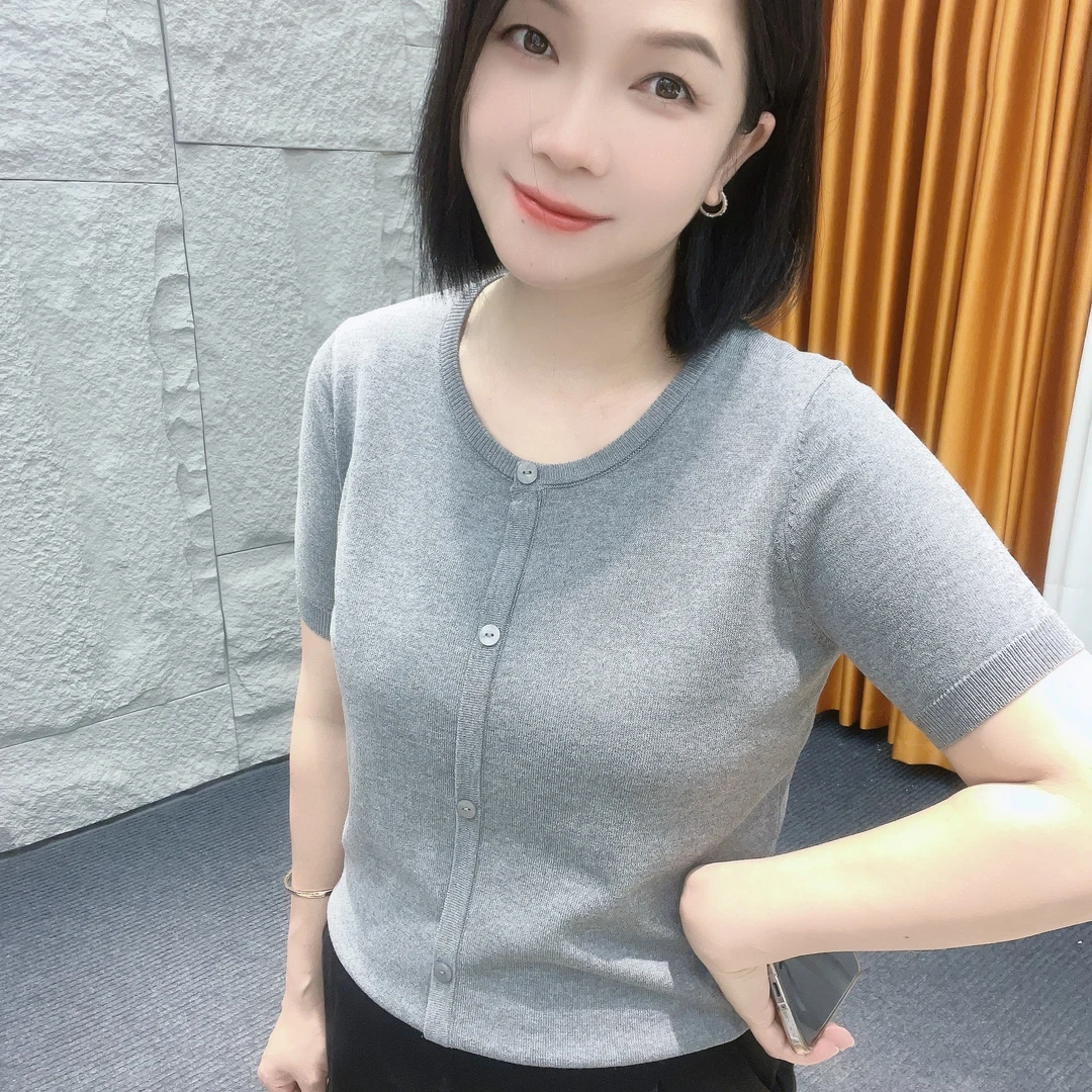 5124夏季薄款上衣【大米家专属】欧货圆领单排扣针织假开衫短袖遮肚