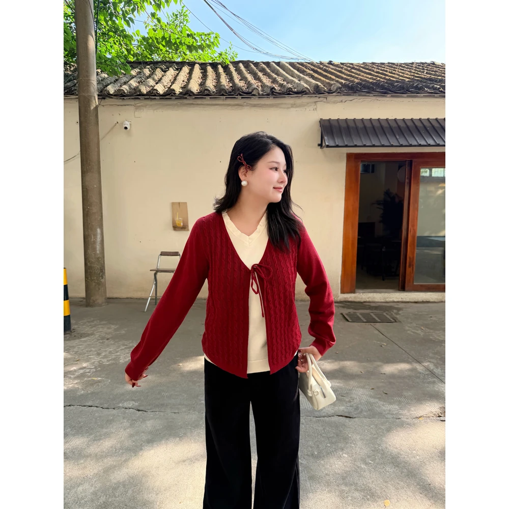 可露露~复古V领绑带麻花针织开衫女2025秋冬新款百搭上衣女6742