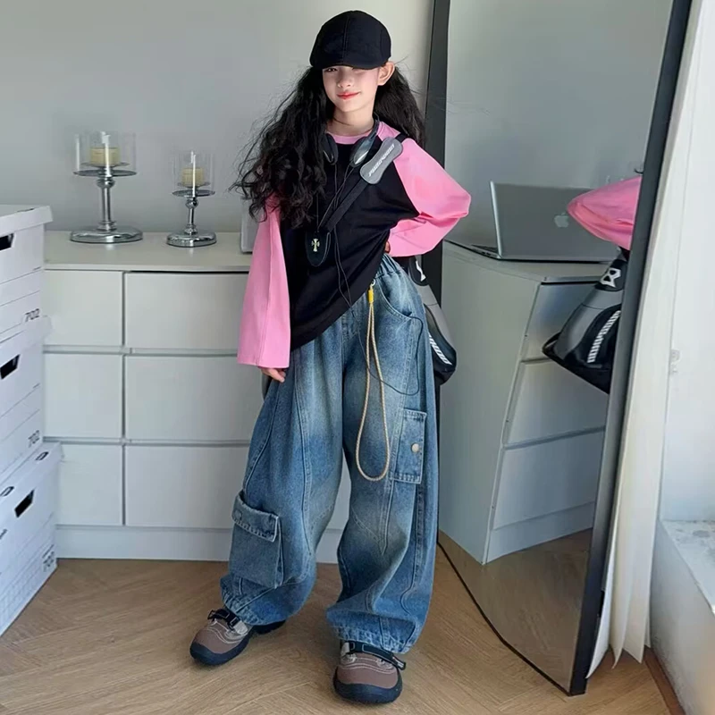 【Maila童装】女童洋气黑粉插肩T恤挂件牛仔工装裤阔腿裤春秋两件套