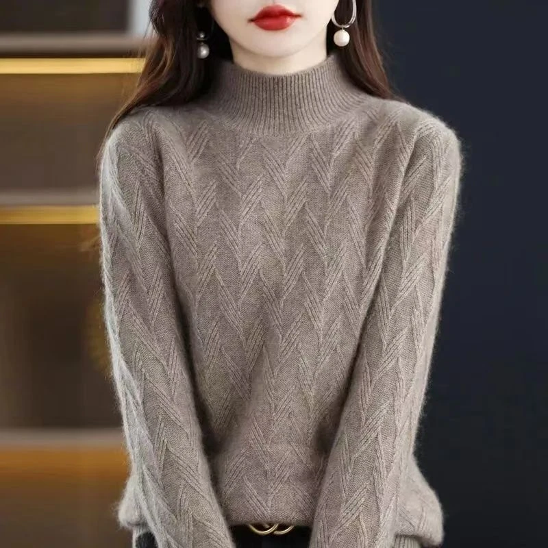 大码女装半高领针织打底衫秋冬2025新款宽松遮肚子百搭上衣毛衣