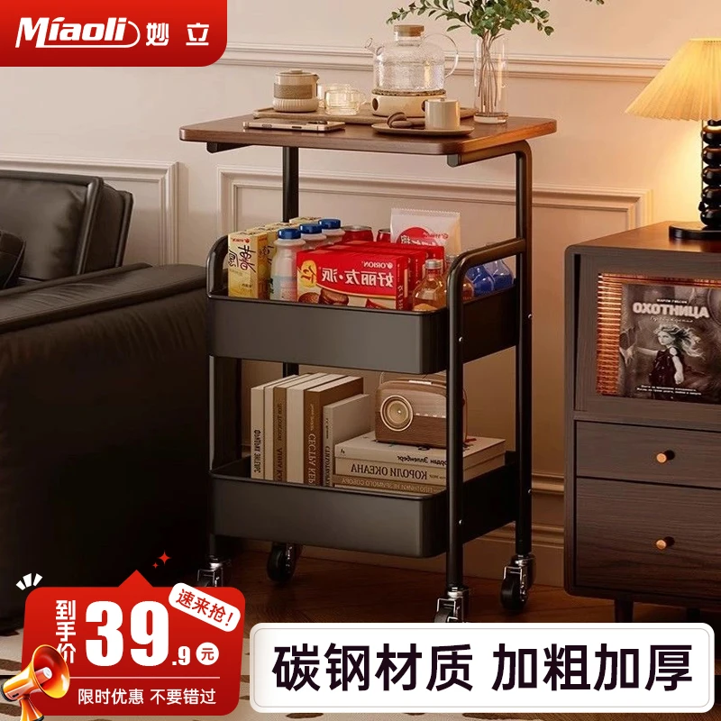 中古风小推车零食置物架复古客厅移动茶几边柜沙发边几收纳小桌子