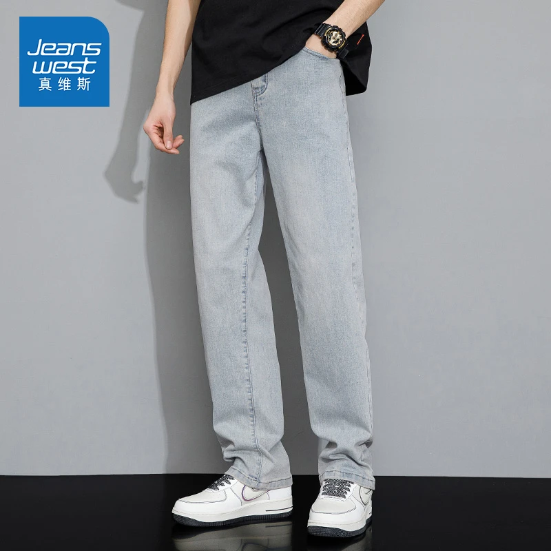 Jeanswest/真维斯夏季薄款牛仔裤男士美式潮流休闲宽松百搭直筒裤