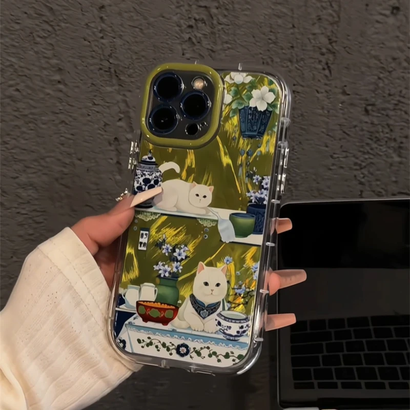 适用苹果16羽纱奶油手机壳iPhone15华为瓷器花朵猫小米15小众新款